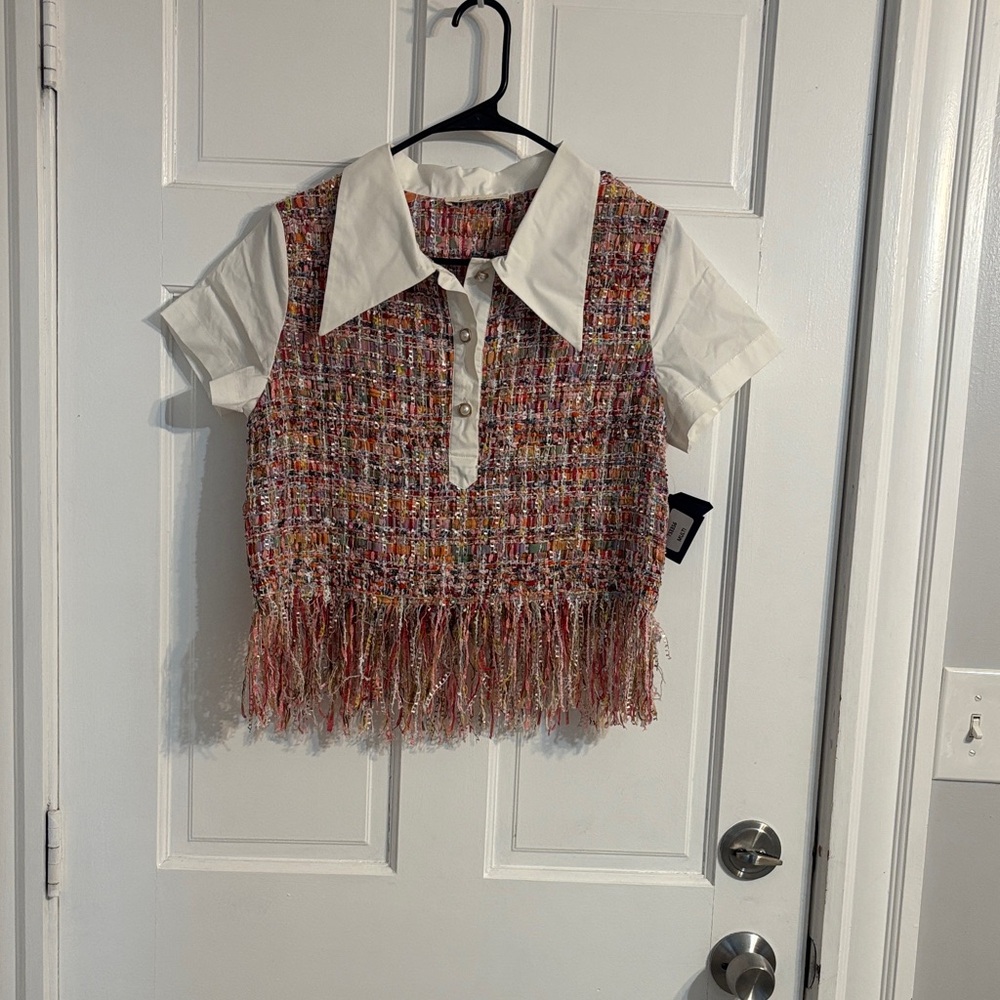 Multicolor Tweed Fringe Polo Blouse with White Collar